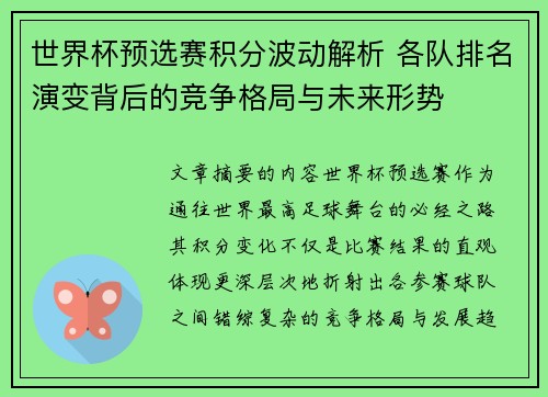 世界杯预选赛积分波动解析 各队排名演变背后的竞争格局与未来形势